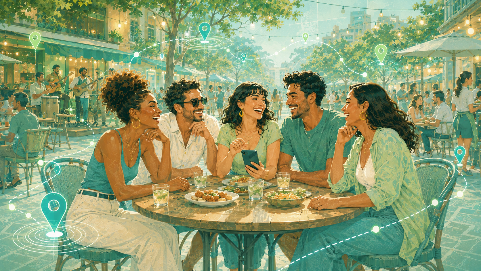 Grupo de amigos sentados à mesa em uma praça, descobrindo lugares ao redor