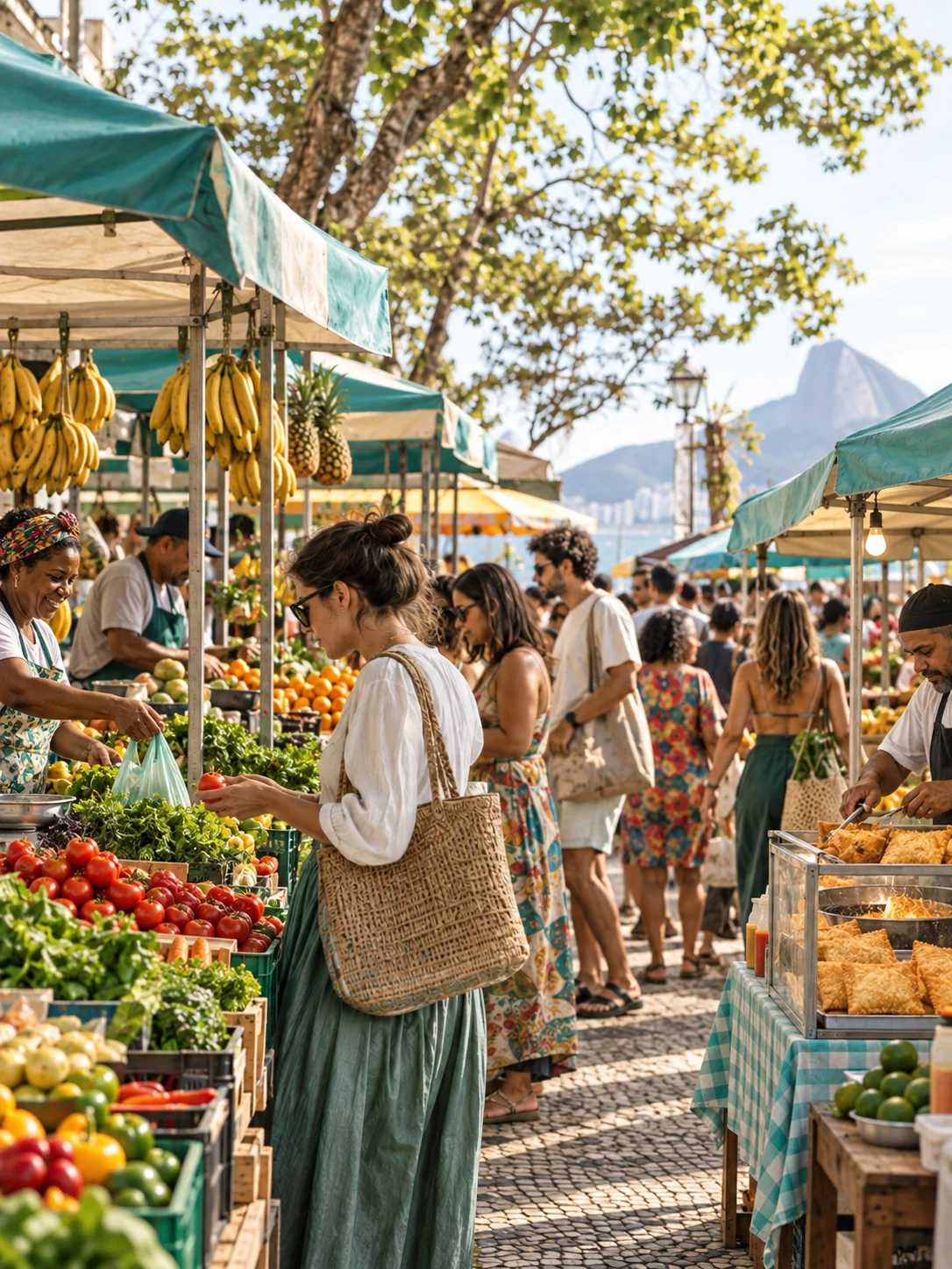 Pessoas passeando por uma feira ao ar livre, entre barracas de frutas, verduras e pastéis