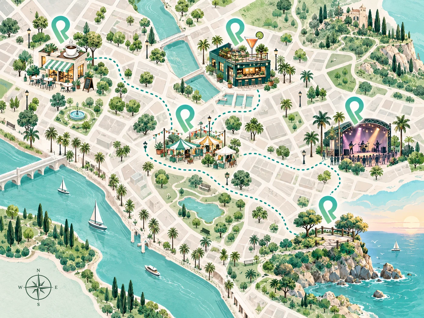 Mapa ilustrado com cafés, bares, feira, música ao vivo e mirante conectados por um roteiro