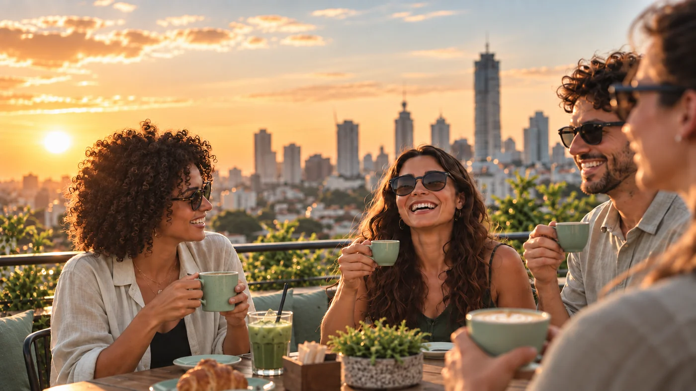 Amigos tomando café em um terraço ao pôr do sol, com a cidade ao fundo