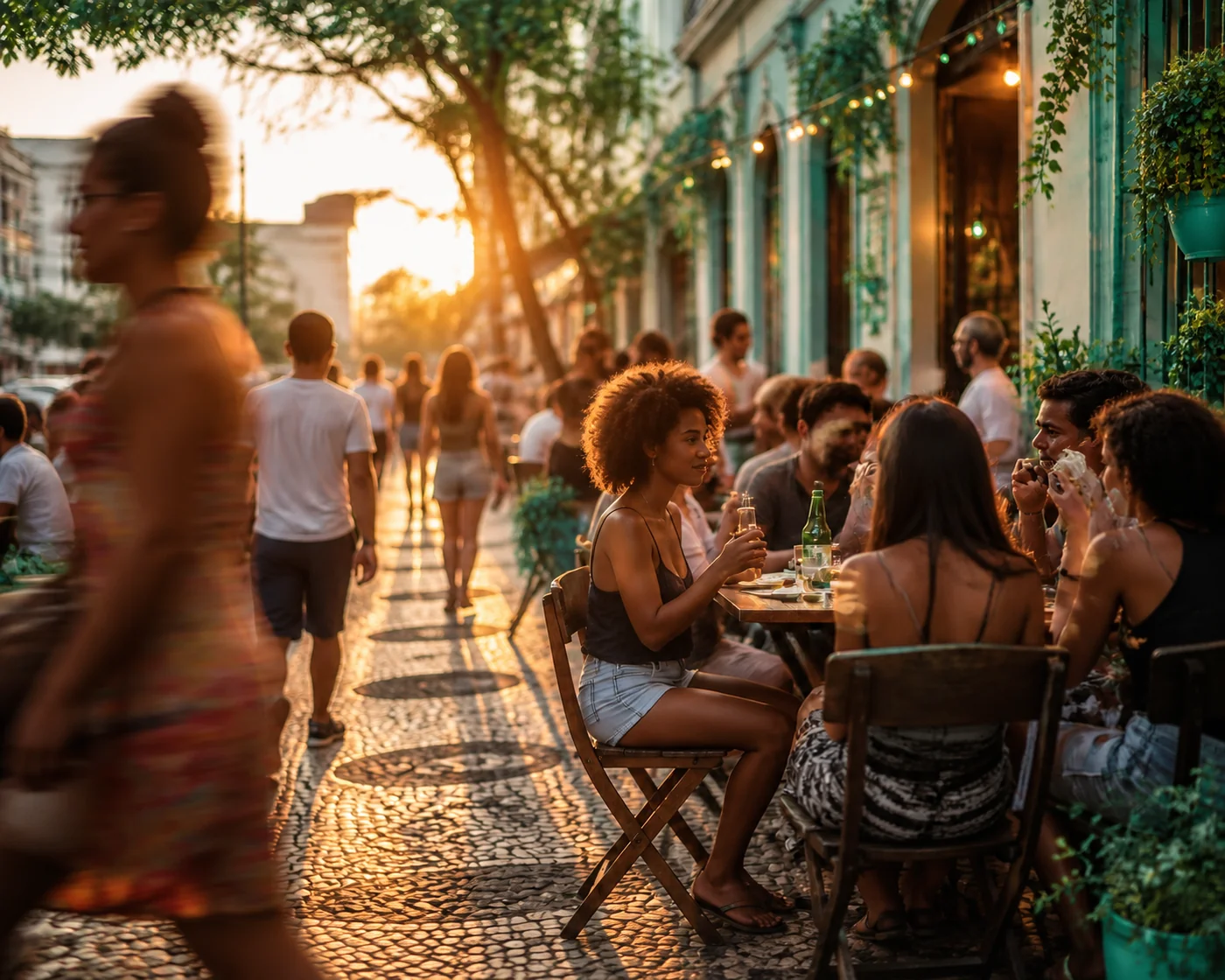 Pessoas conversando em mesas na calçada de uma rua ao pôr do sol